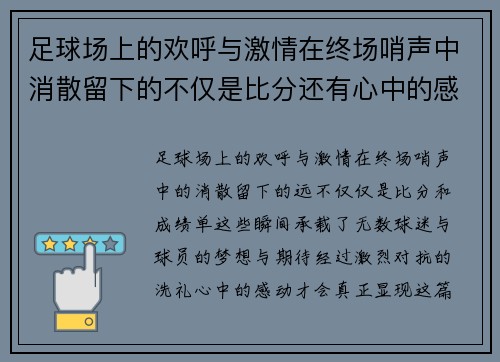 足球场上的欢呼与激情在终场哨声中消散留下的不仅是比分还有心中的感动