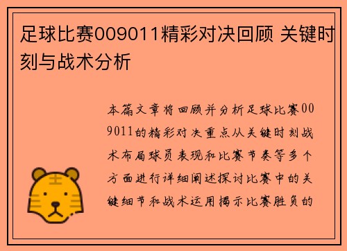 足球比赛009011精彩对决回顾 关键时刻与战术分析