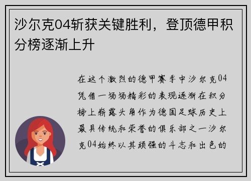 沙尔克04斩获关键胜利，登顶德甲积分榜逐渐上升