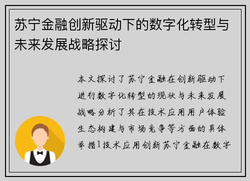 苏宁金融创新驱动下的数字化转型与未来发展战略探讨