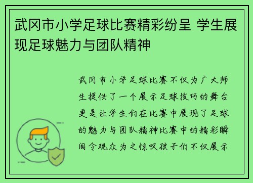 武冈市小学足球比赛精彩纷呈 学生展现足球魅力与团队精神