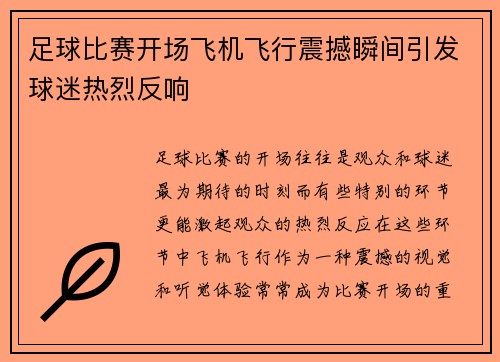 足球比赛开场飞机飞行震撼瞬间引发球迷热烈反响