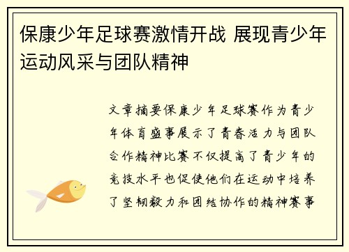 保康少年足球赛激情开战 展现青少年运动风采与团队精神