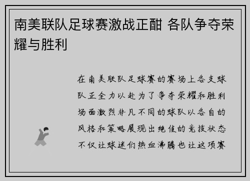 南美联队足球赛激战正酣 各队争夺荣耀与胜利