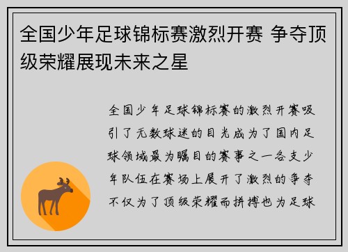 全国少年足球锦标赛激烈开赛 争夺顶级荣耀展现未来之星
