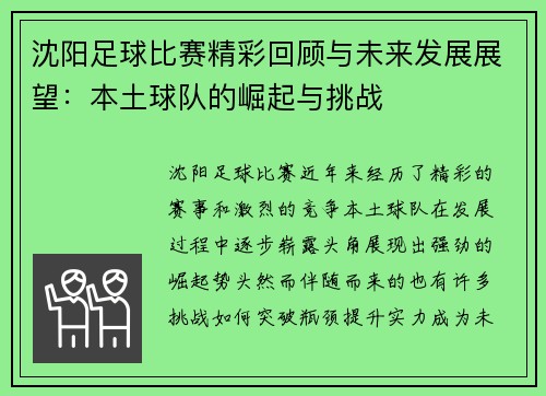 沈阳足球比赛精彩回顾与未来发展展望：本土球队的崛起与挑战