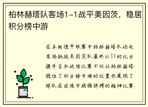 柏林赫塔队客场1-1战平美因茨，稳居积分榜中游