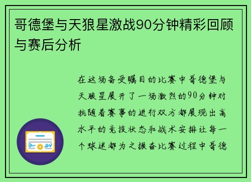 哥德堡与天狼星激战90分钟精彩回顾与赛后分析