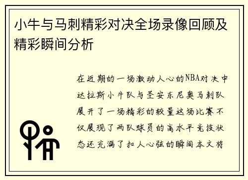 小牛与马刺精彩对决全场录像回顾及精彩瞬间分析