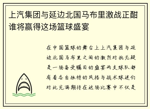 上汽集团与延边北国马布里激战正酣谁将赢得这场篮球盛宴