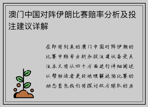 澳门中国对阵伊朗比赛赔率分析及投注建议详解
