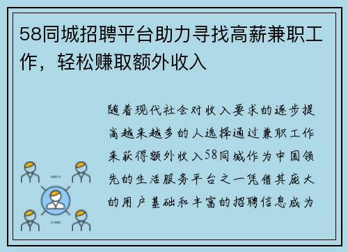 58同城招聘平台助力寻找高薪兼职工作，轻松赚取额外收入