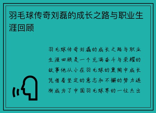 羽毛球传奇刘磊的成长之路与职业生涯回顾